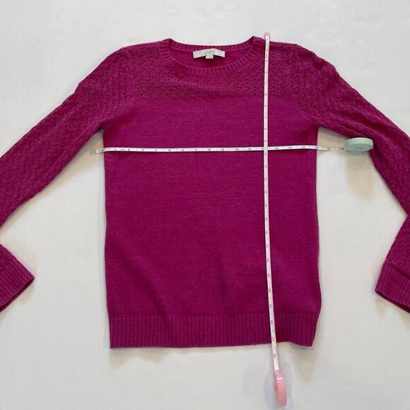 LOFT Cotton Fuchsia/Magenta/Purple Long Sleeve Sweater, Open Knit Sleeves, XS - Picture 7 of 9